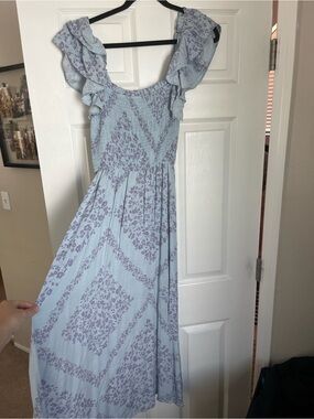 Light Blue Floral Maxi Dress with Lavender Print and Ruffle Straps